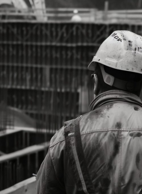 escena en blanco y negro que muestra la vida de los trabajadores de la construccion en el sitio (1)