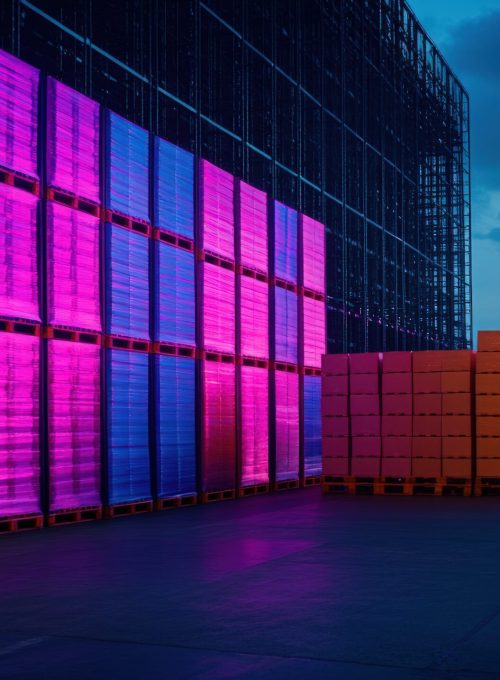 neon night at the distribution center: vibrant cargo containers glow under twilight